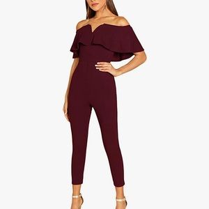 *WORN ONCE!* Comfortable stretchy material, off the shoulder burgundy jumpsuit